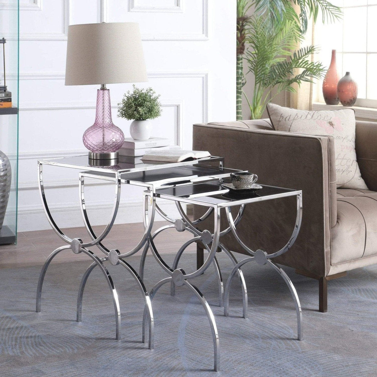 Iconic Home Palma 3 Piece Nesting End Table Set Chrome