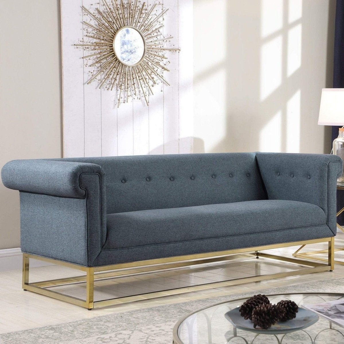 Iconic Home Palmira Button Tufted Rolled Shelter Arm Sofa Blue
