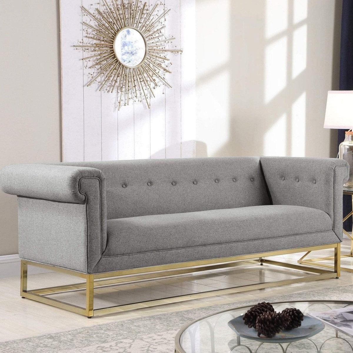 Iconic Home Palmira Button Tufted Rolled Shelter Arm Sofa Grey