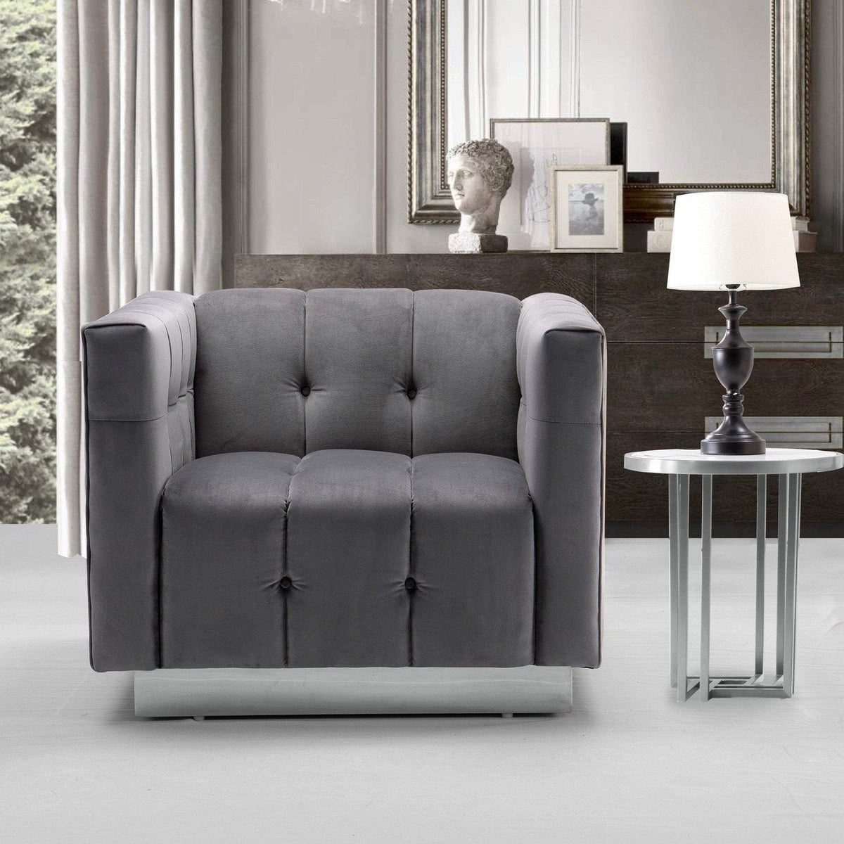 Iconic Home Primavera Button Tufted Velvet Club Chair Grey
