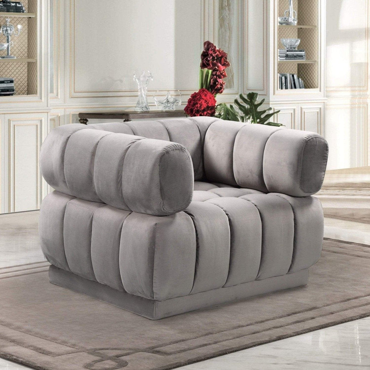 Iconic Home Quebec Channel Quilted Velvet Club Chair Grey