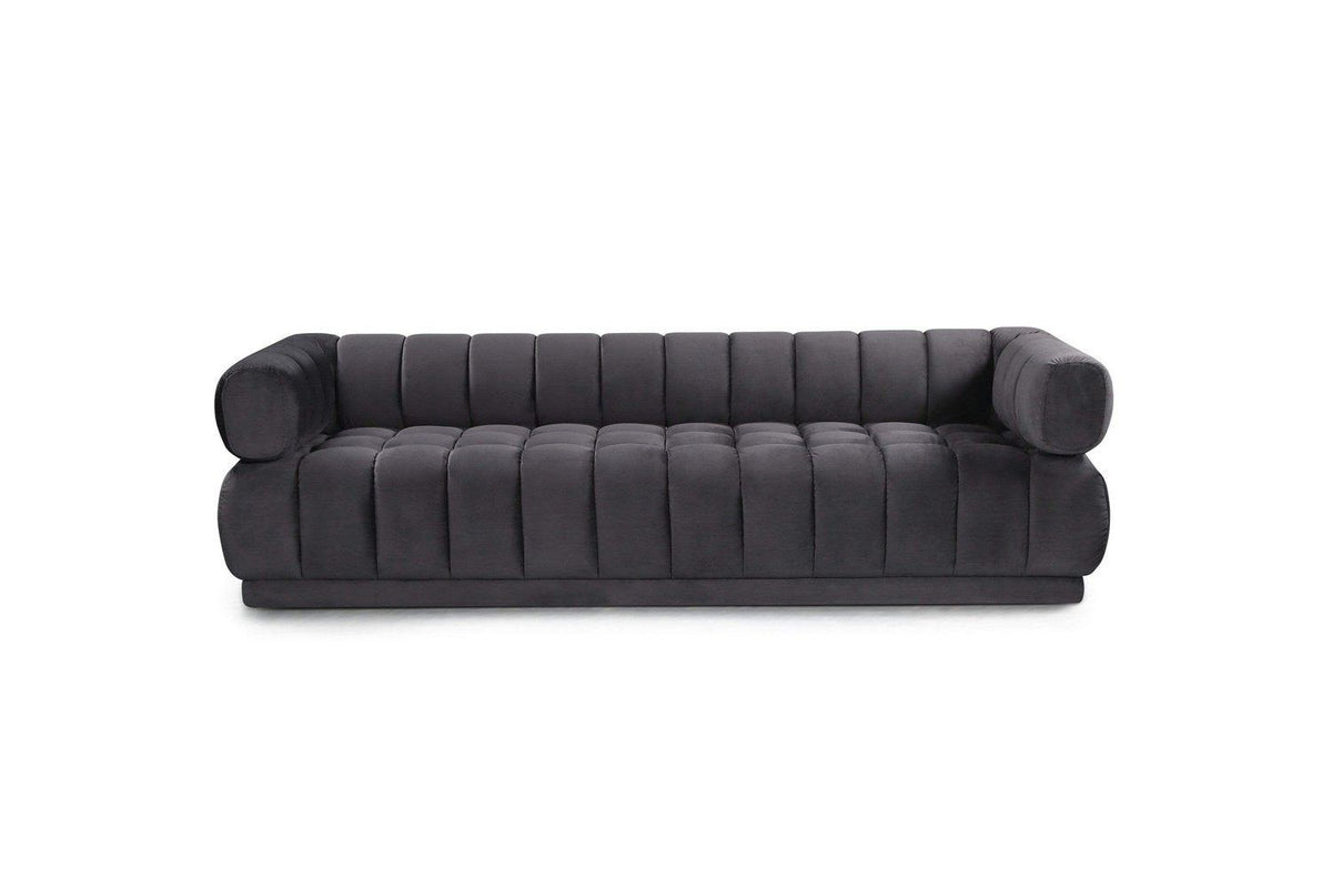 Iconic Home Quebec Sofa Velvet Upholstered Vertical Channel-Quilted Shelter Arm Tufted Design 