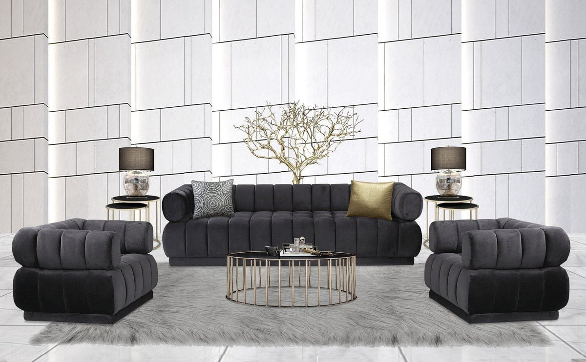 Iconic Home Quebec Sofa Velvet Upholstered Vertical Channel-Quilted Shelter Arm Tufted Design 