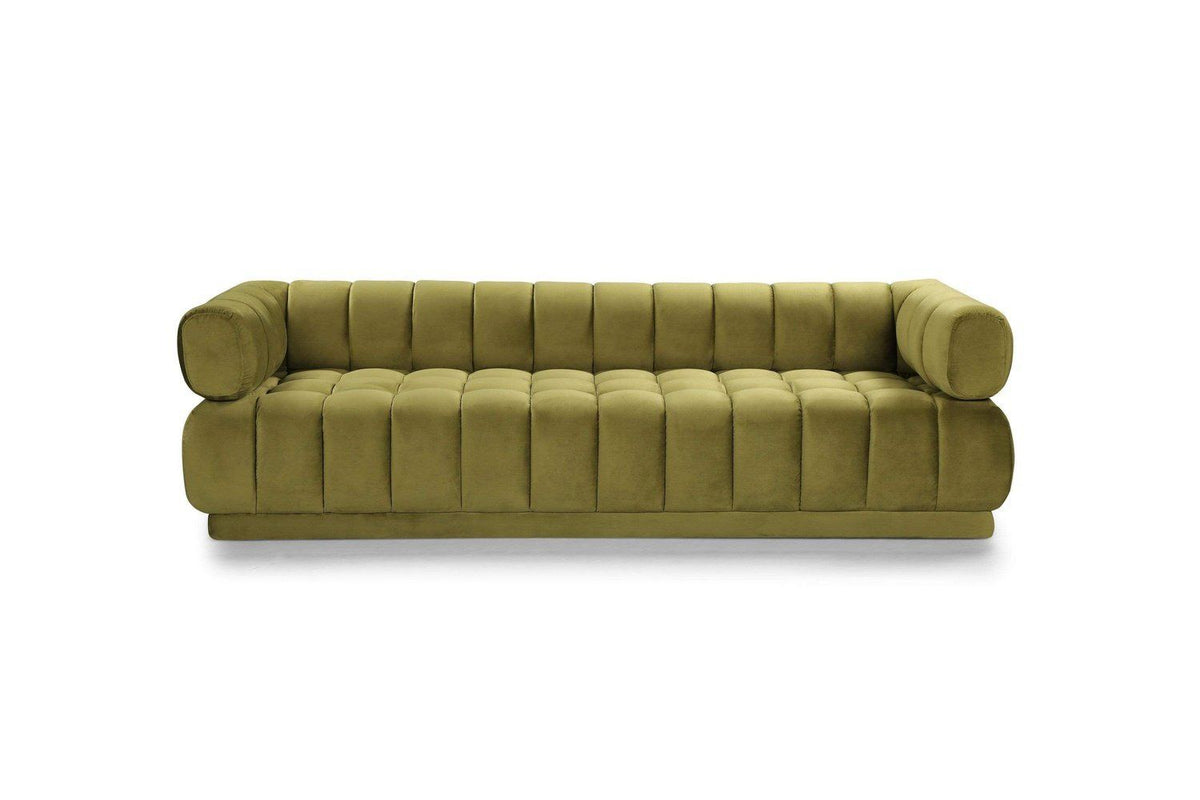 Iconic Home Quebec Sofa Velvet Upholstered Vertical Channel-Quilted Shelter Arm Tufted Design 