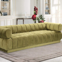 Iconic Home Quebec Sofa Velvet Upholstered Vertical Channel-Quilted Shelter Arm Tufted Design Green