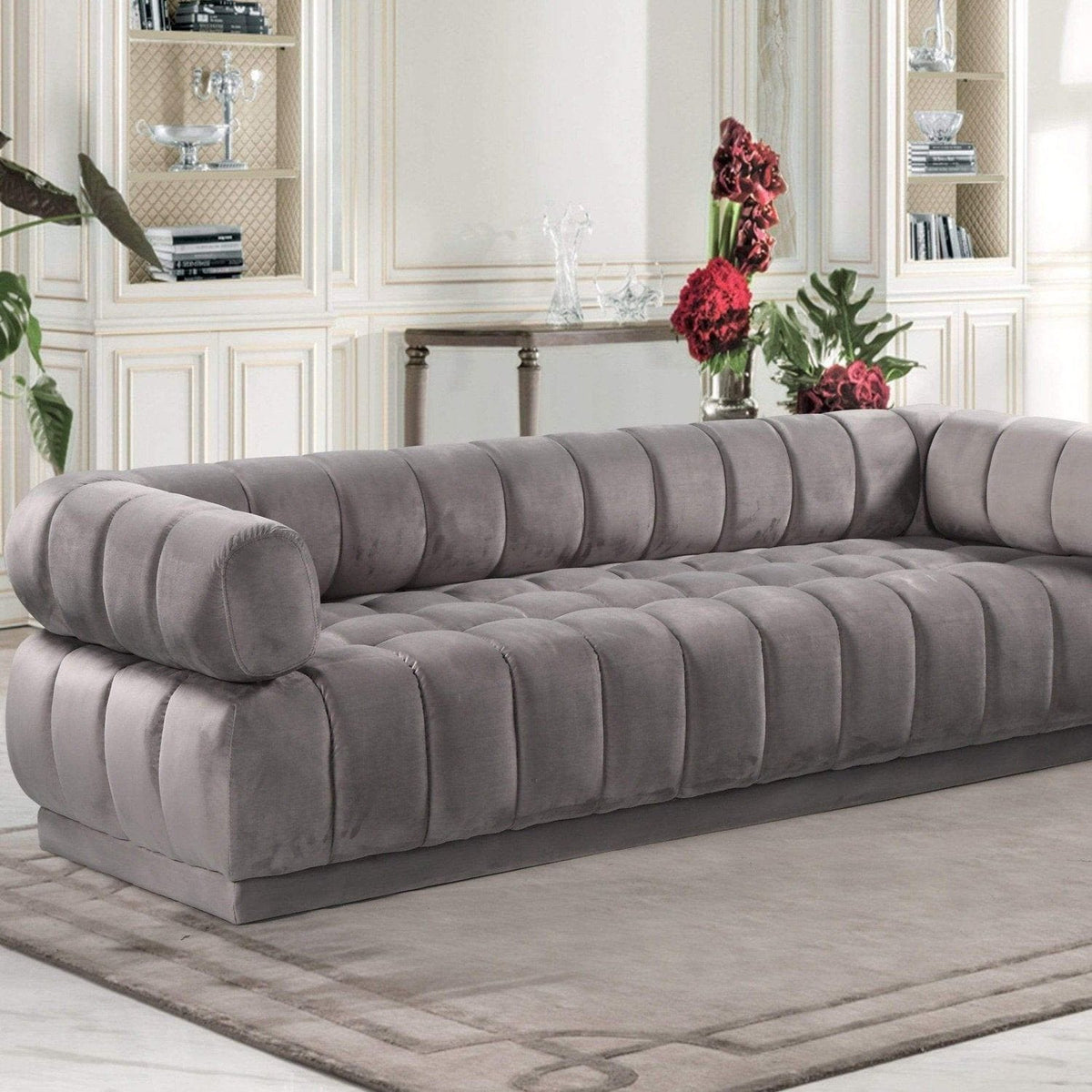Iconic Home Quebec Sofa Velvet Upholstered Vertical Channel-Quilted Shelter Arm Tufted Design Grey