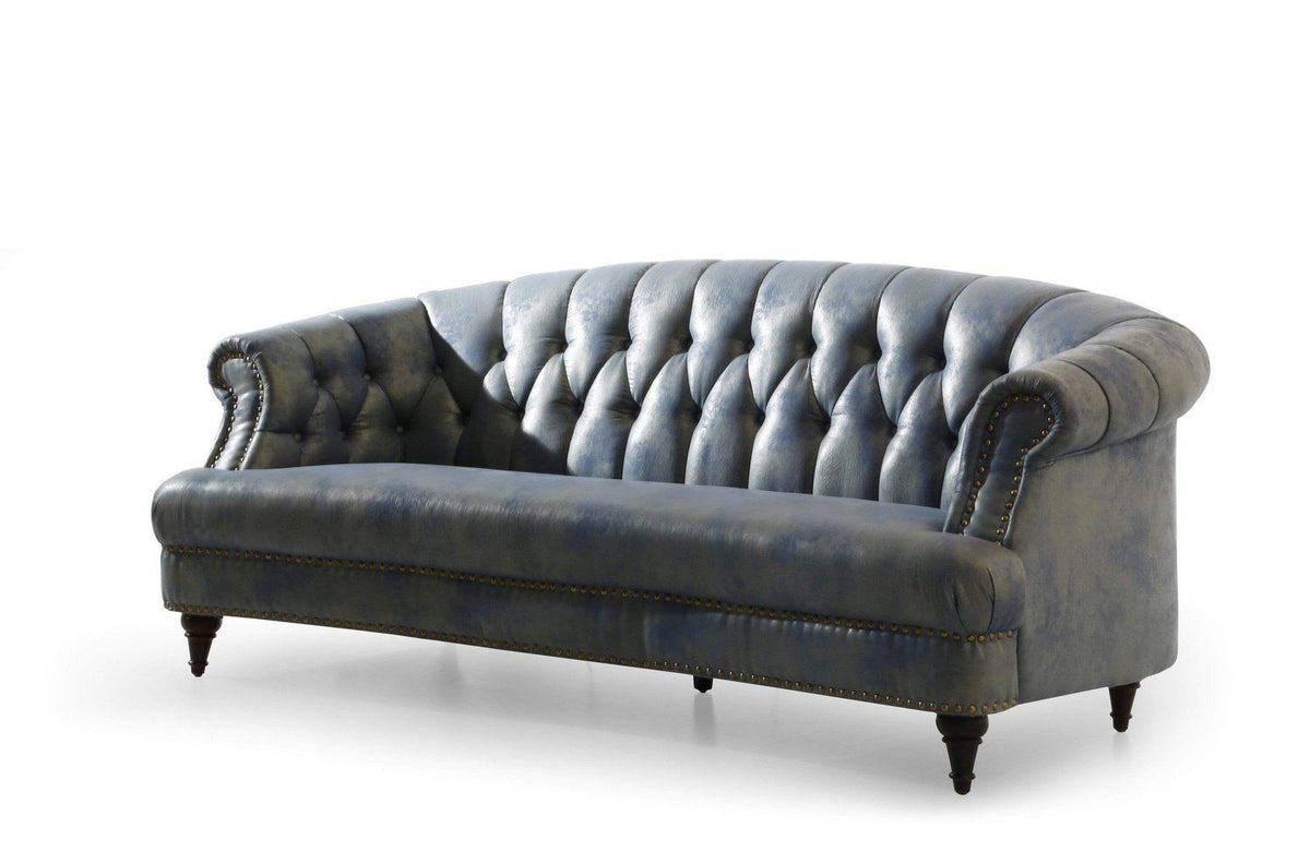 Iconic Home Randalls Sofa PU Leather Button Tufted Wood Legs Dark Blue 