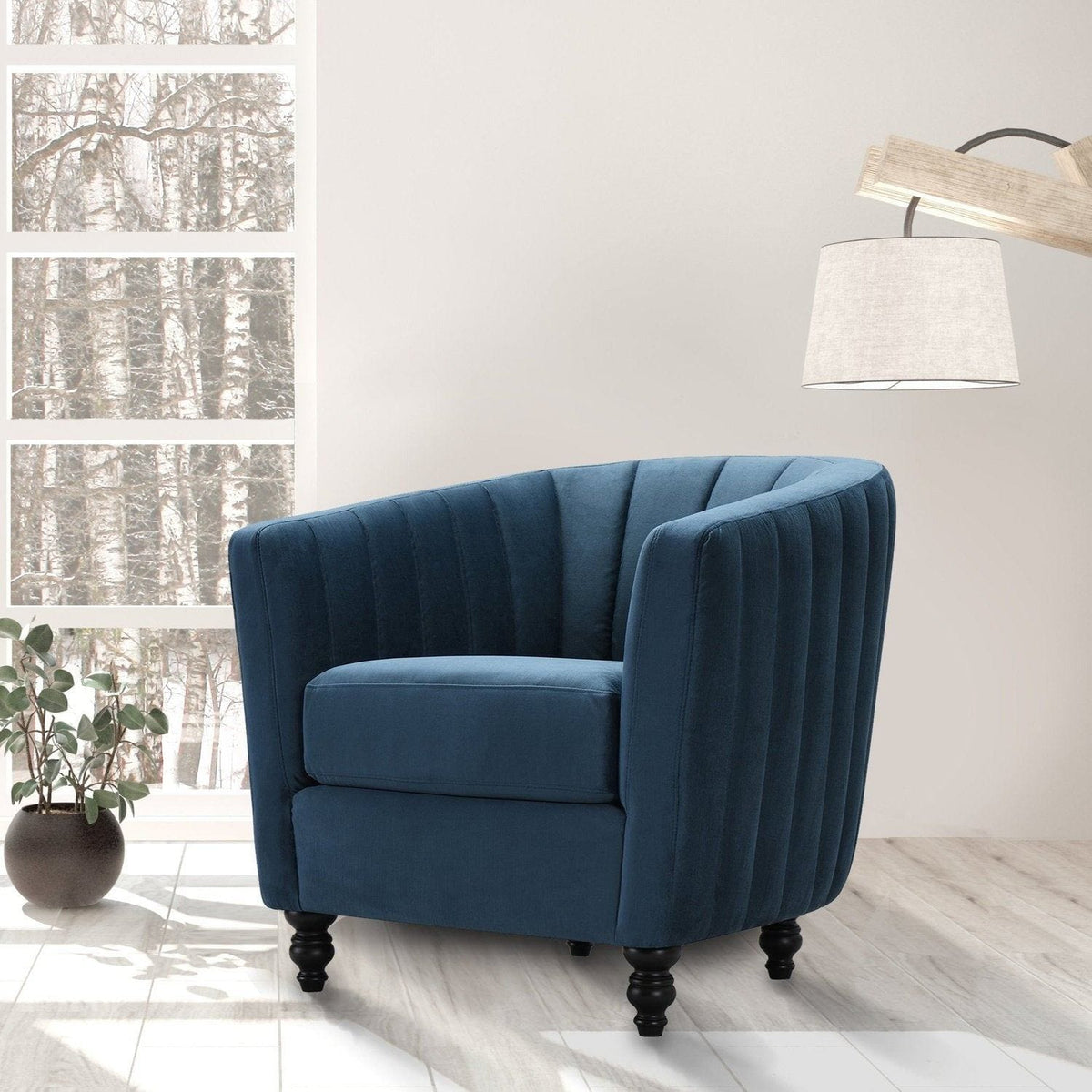 Iconic Home Riviera Channel Quilted Velvet Accent Chair Blue