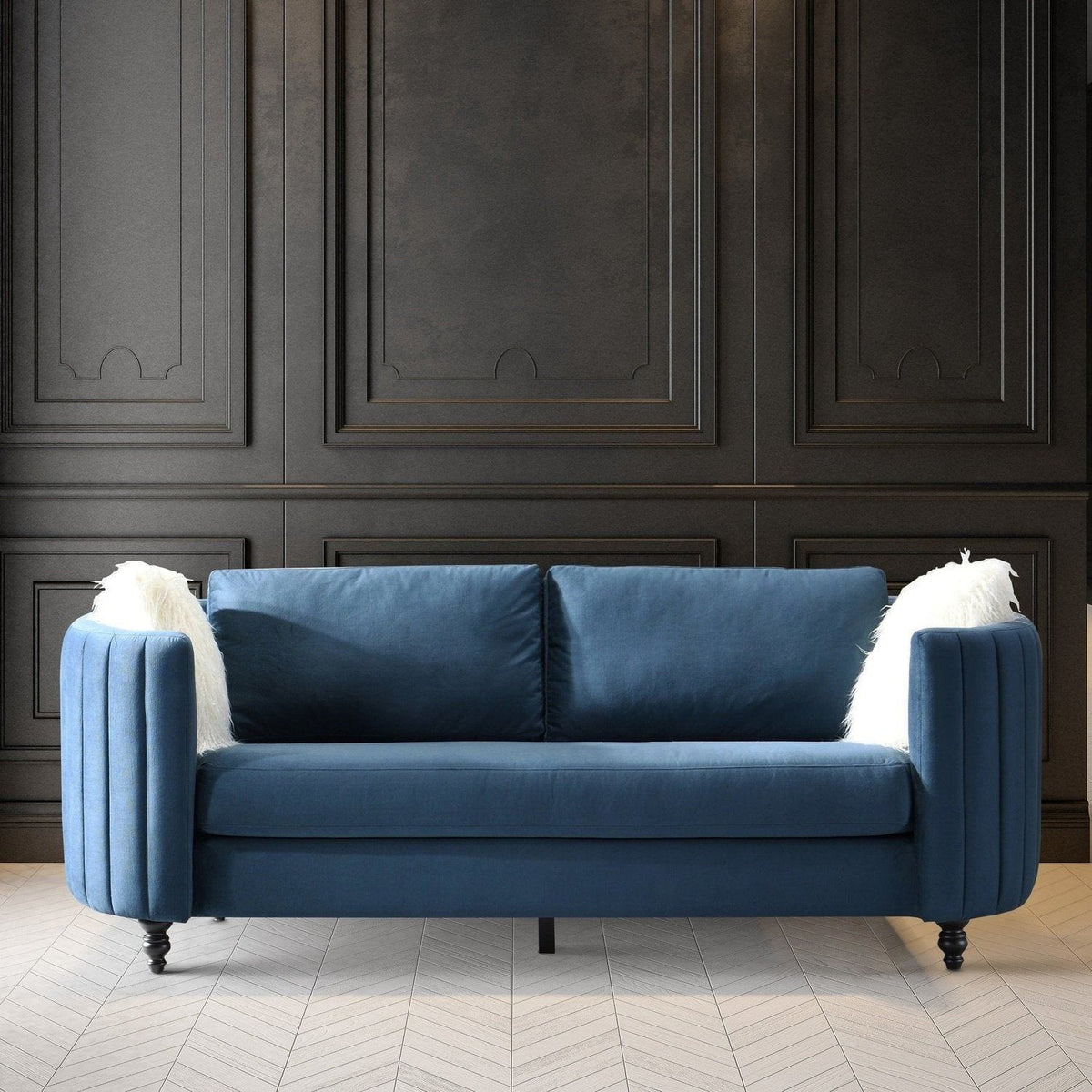 Iconic Home Riviera Velvet Sofa Espresso Brown Wood Legs Blue