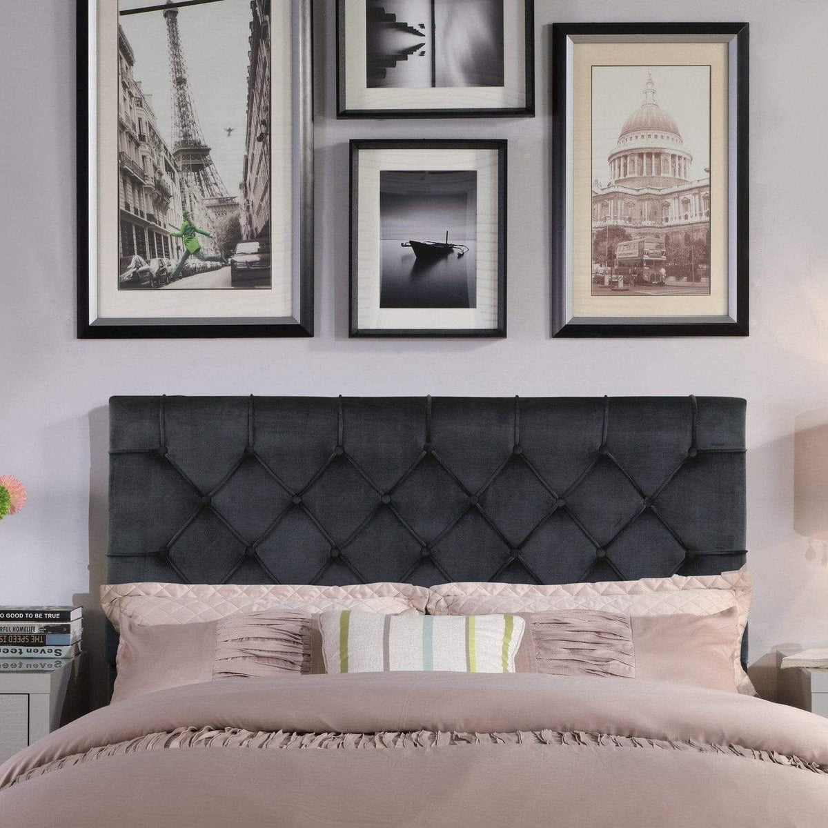 Iconic Home Rivka Tufted Velvet Headboard For Bed Black