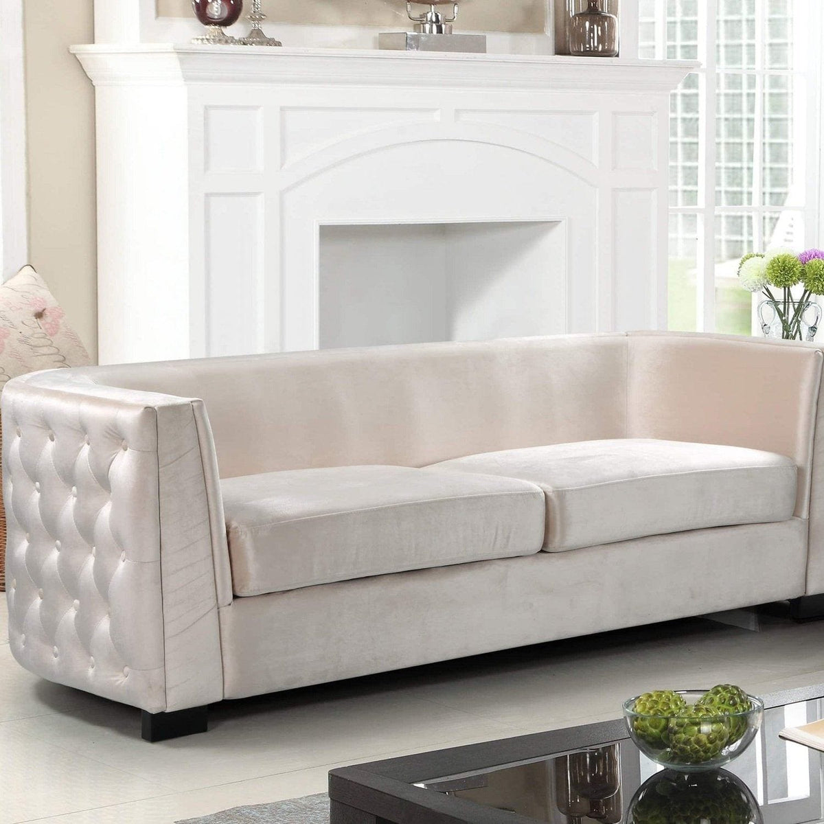 Iconic Home Saratov Button Tufted Velvet Sofa Beige