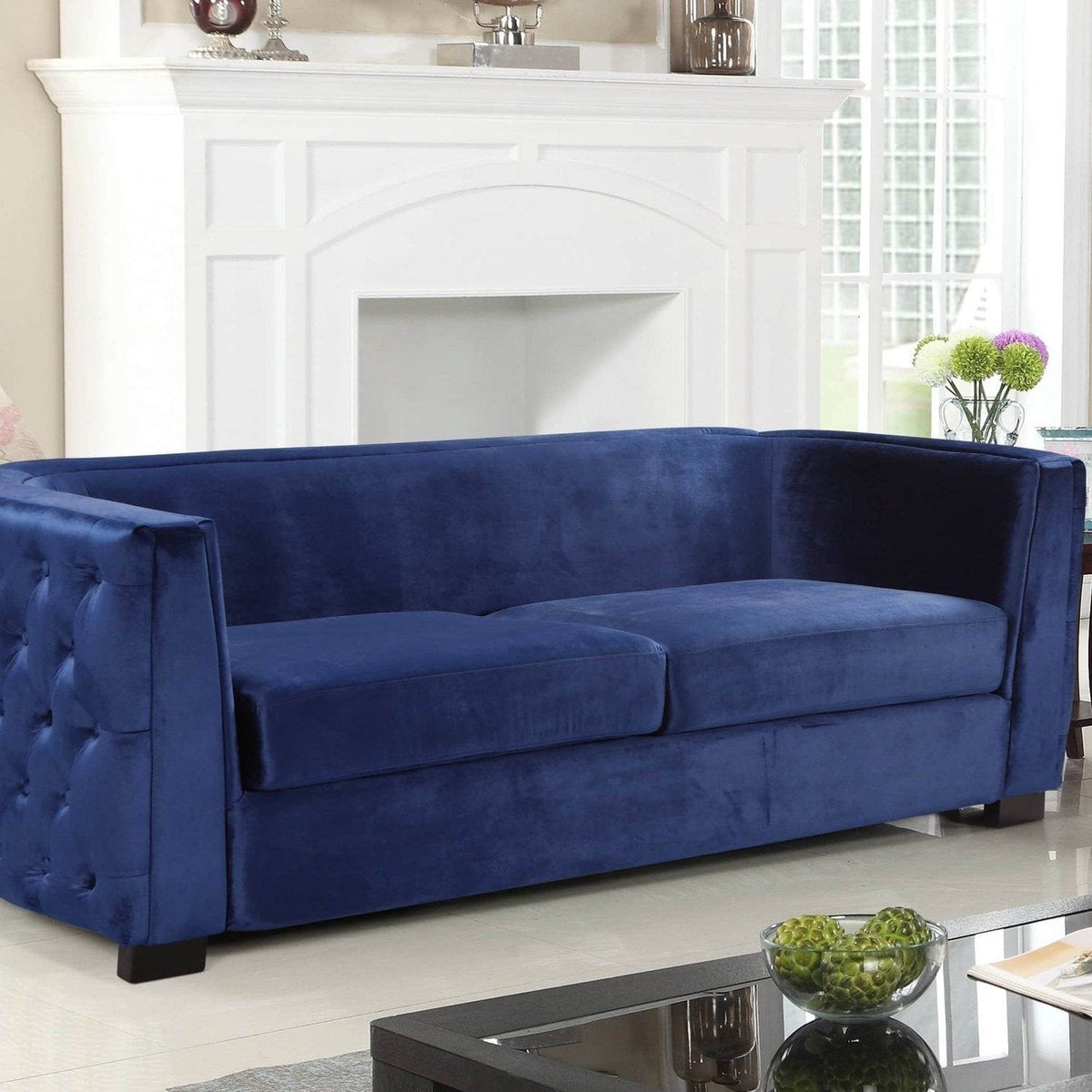 Iconic Home Saratov Button Tufted Velvet Sofa Navy