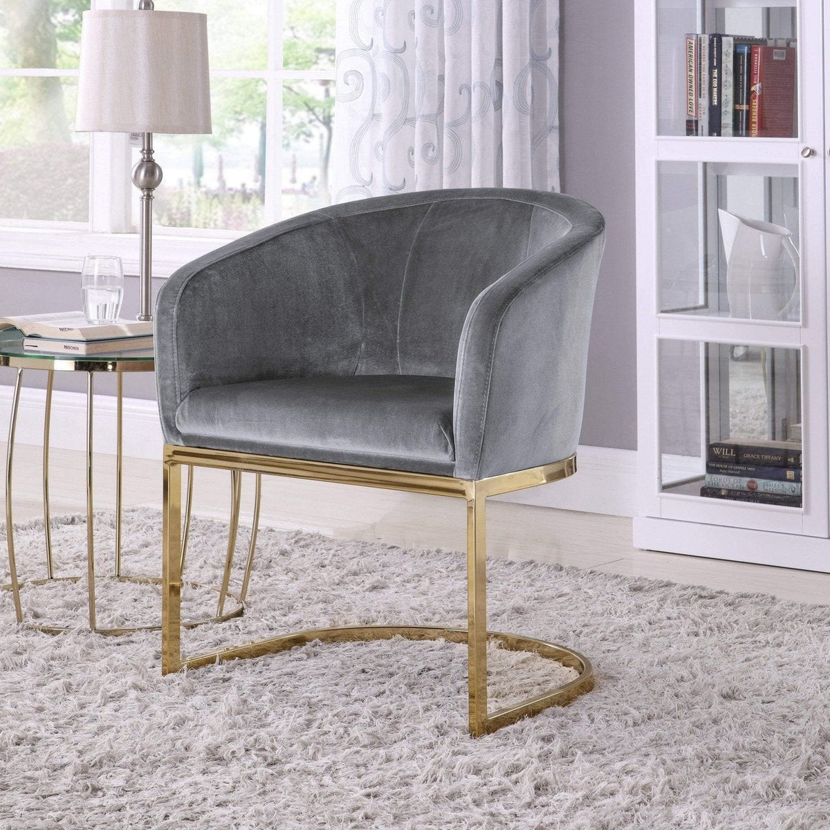Iconic Home Siena Velvet Accent Chair Gold Metal Base Grey