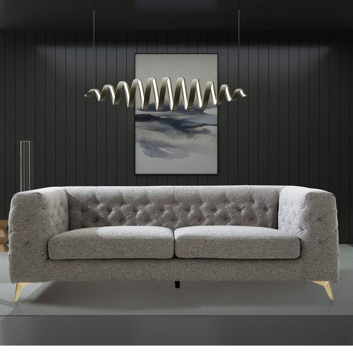 Iconic Home Soho Sofa Linen Textured Upholstery Tufted Shelter Arm Gold Tone Metal Legs Dark Grey
