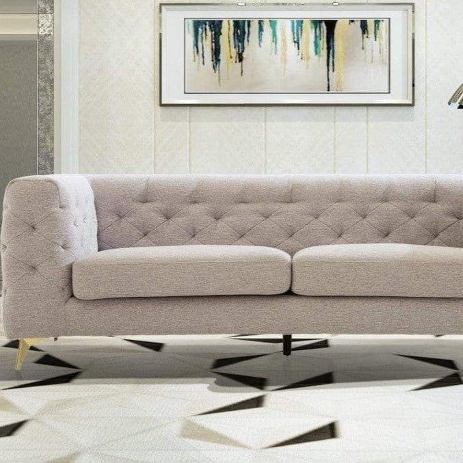 Iconic Home Soho Sofa Linen Textured Upholstery Tufted Shelter Arm Gold Tone Metal Legs Light Grey
