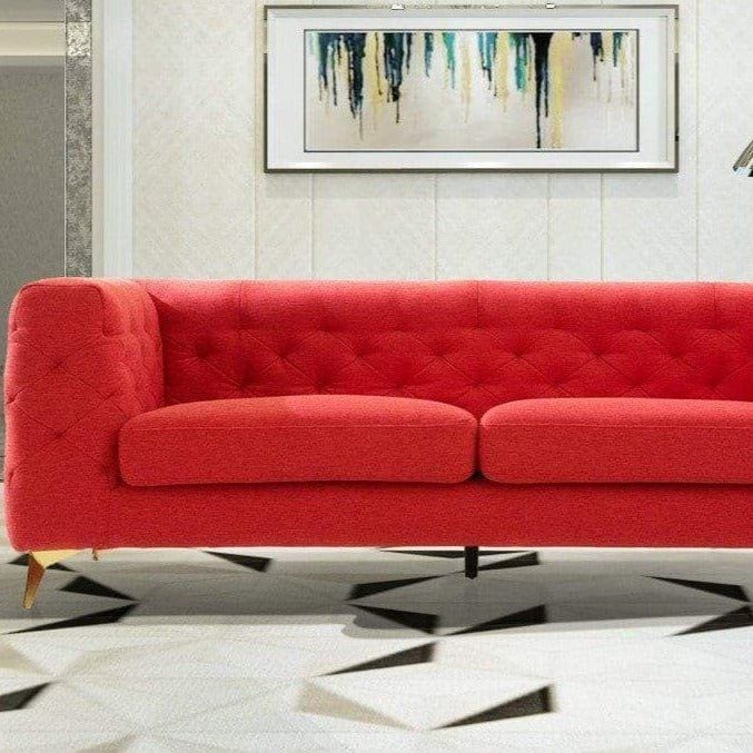 Iconic Home Soho Sofa Linen Textured Upholstery Tufted Shelter Arm Gold Tone Metal Legs Red