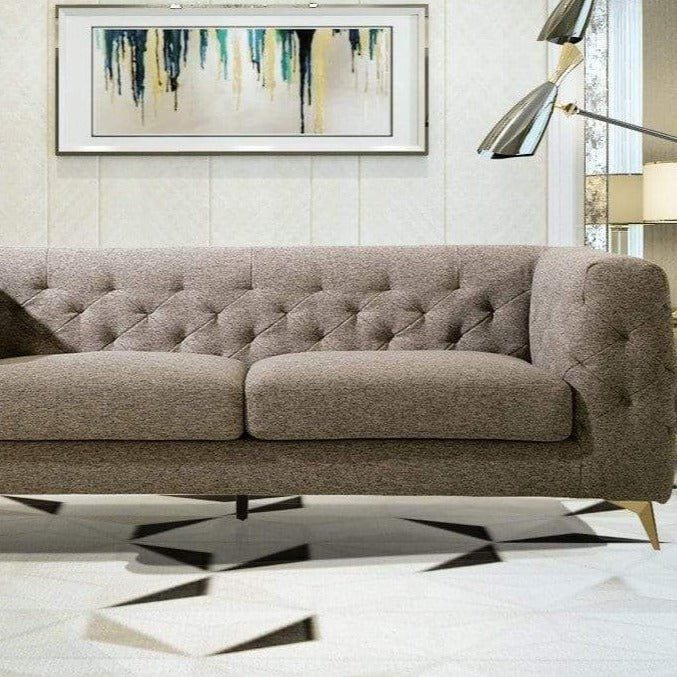 Iconic Home Soho Sofa Linen Textured Upholstery Tufted Shelter Arm Gold Tone Metal Legs Sandy