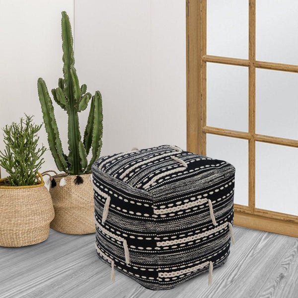 Iconic Home Spike Woven Cotton Square Ottoman Pouf Black