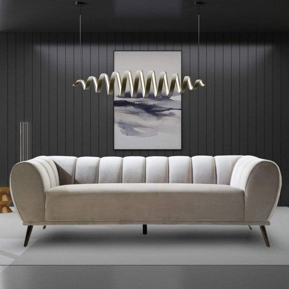 Iconic Home Sybel Sofa Velvet Upholstered Channel-Quilted Shelter Arm Solid Metal Legs Silver