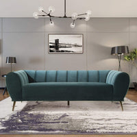 Iconic Home Sybel Sofa Velvet Upholstered Channel-Quilted Shelter Arm Solid Metal Legs Teal