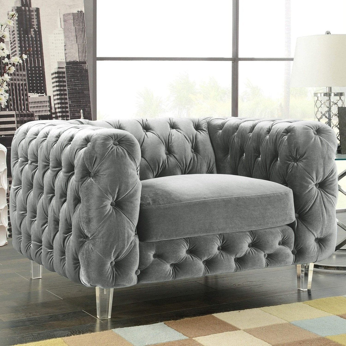 Iconic Home Syracus Plush Tufted Velvet Club Chair Grey