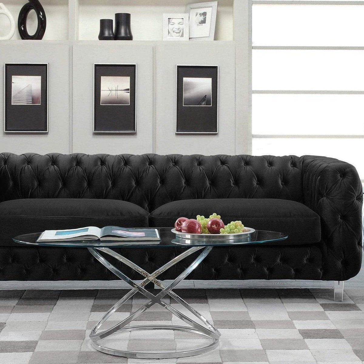 Iconic Home Syracus Plush Tufted Velvet Club Sofa Black