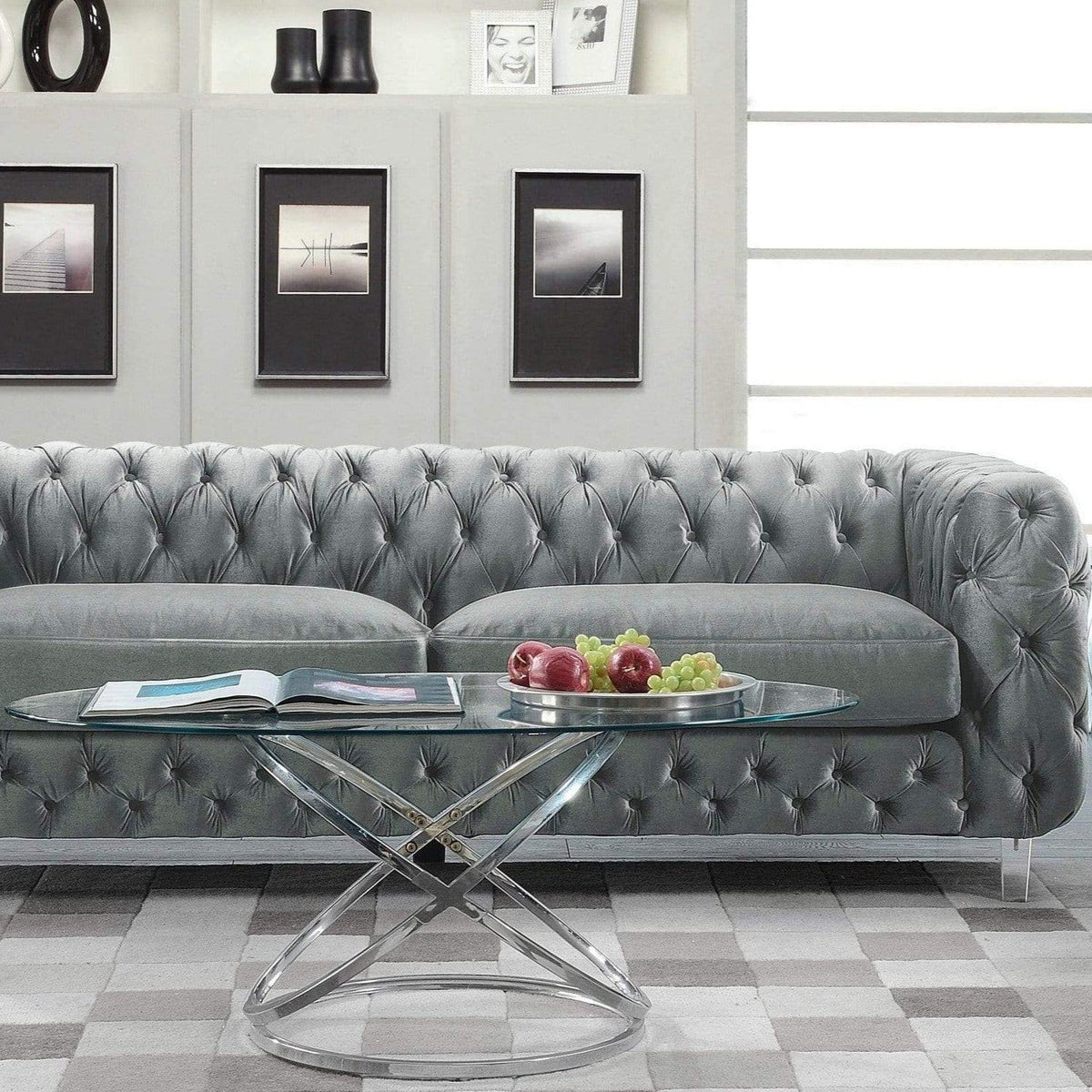 Iconic Home Syracus Plush Tufted Velvet Club Sofa Grey