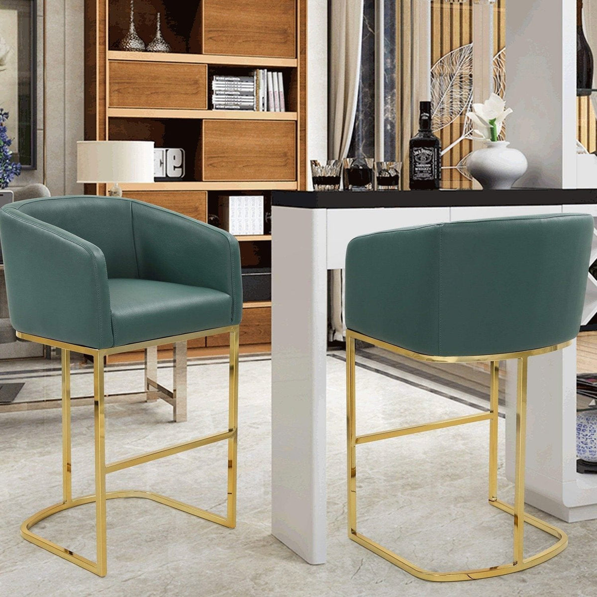 Iconic Home Tess Faux Leather Bar Stool Chair Gold Base Green