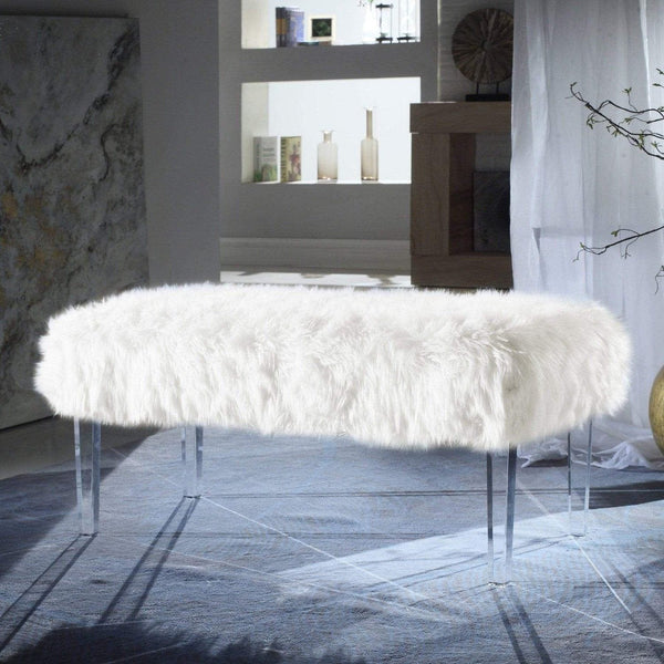 Iconic Home Trento Faux Fur Bench Acrylic Legs White