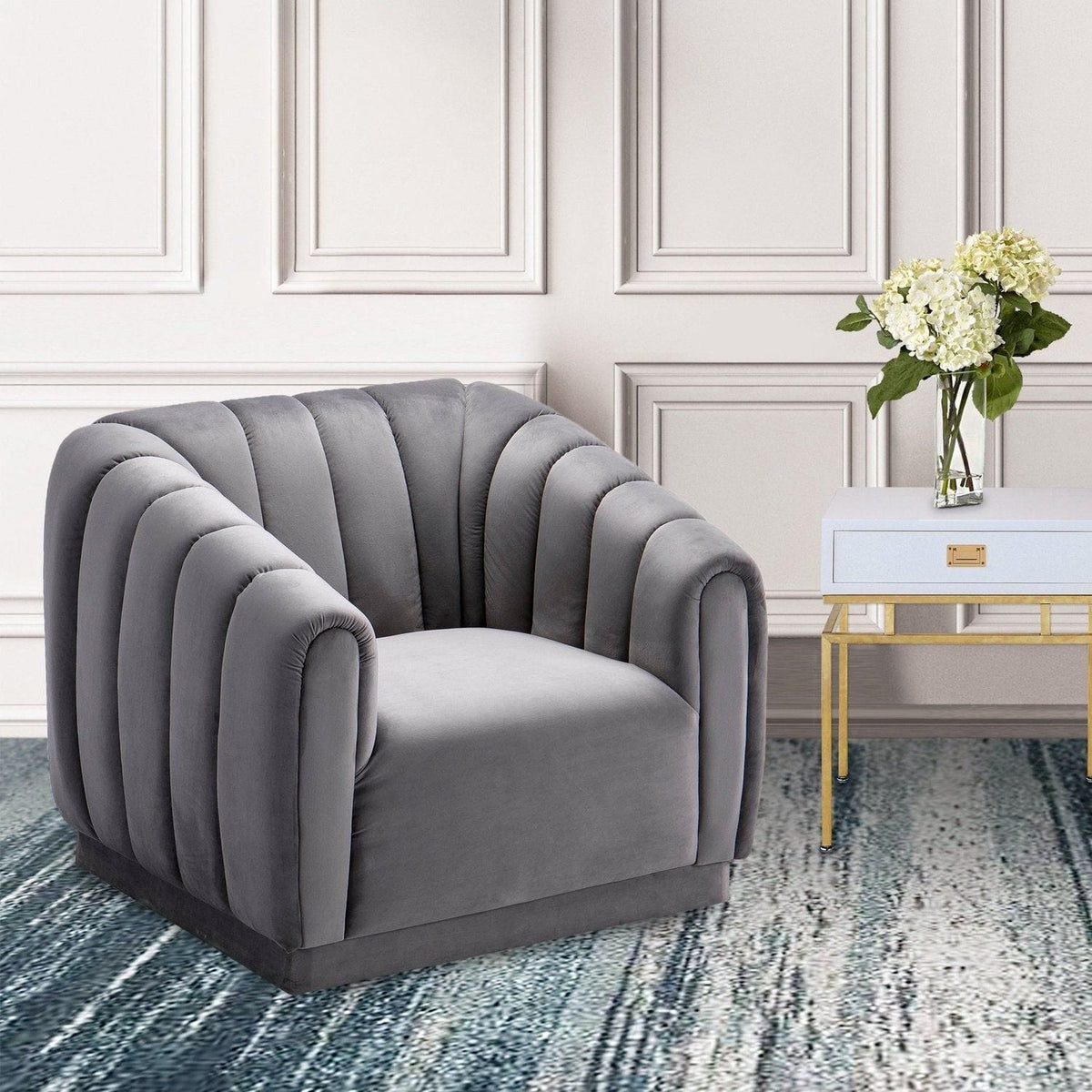 Iconic Home Van Gogh Channel Quilted Velvet Club Chair Grey