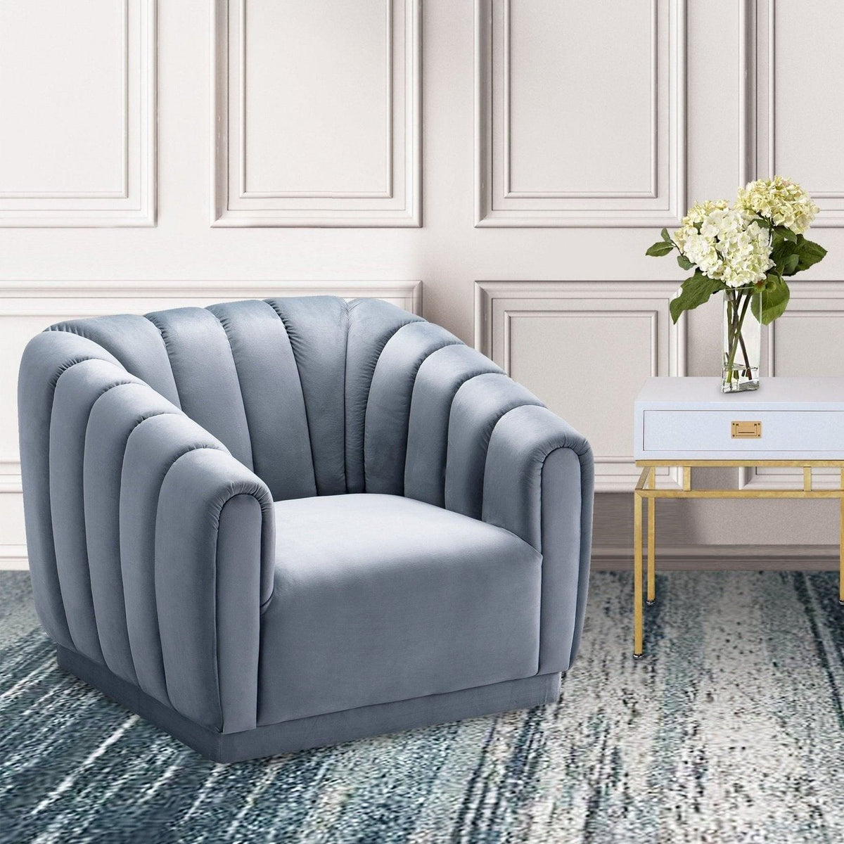 Iconic Home Van Gogh Channel Quilted Velvet Club Chair Slate Blue