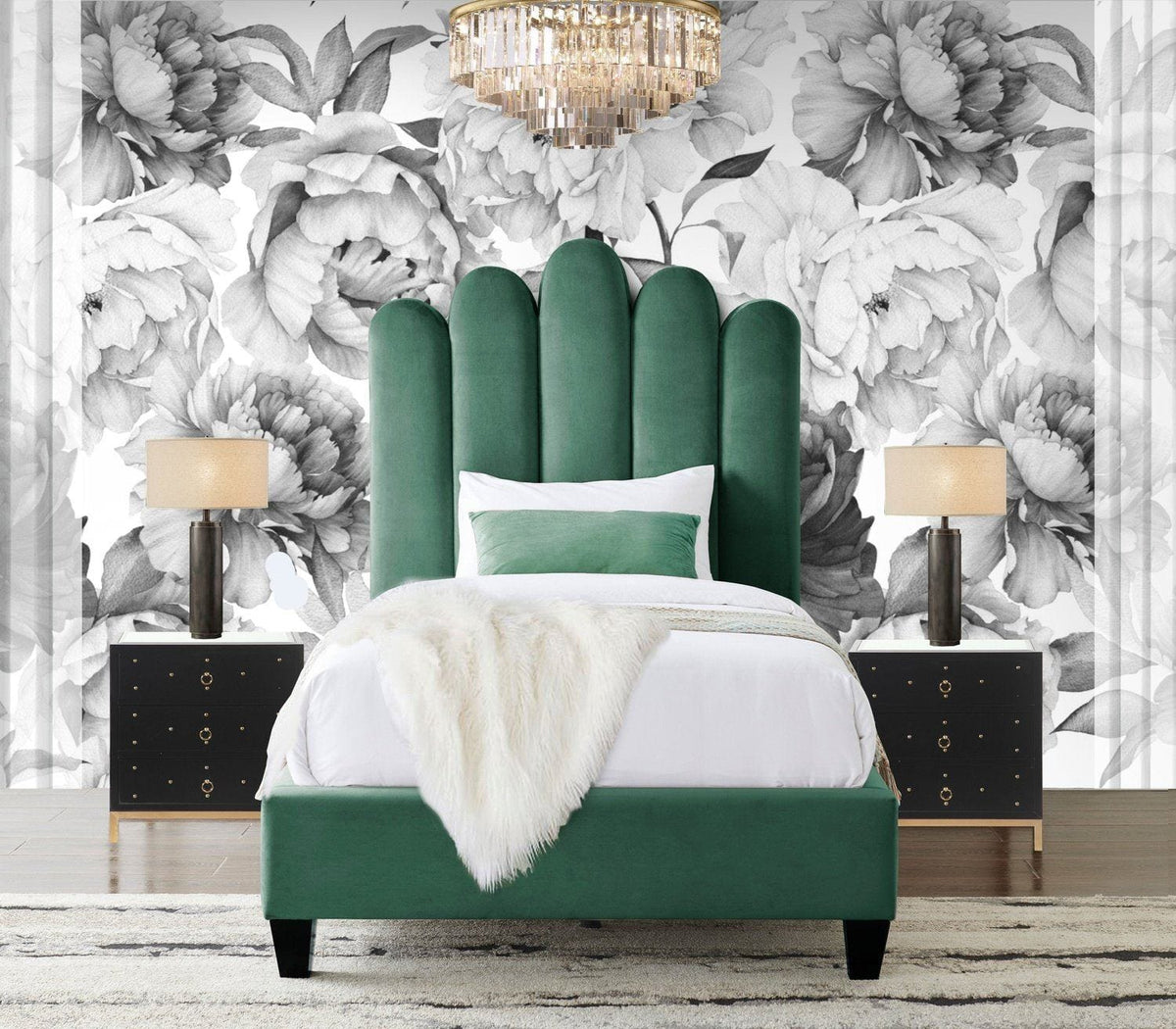 Iconic Home Welsh Velvet Platform Bed Frame With Headboard Dark Green