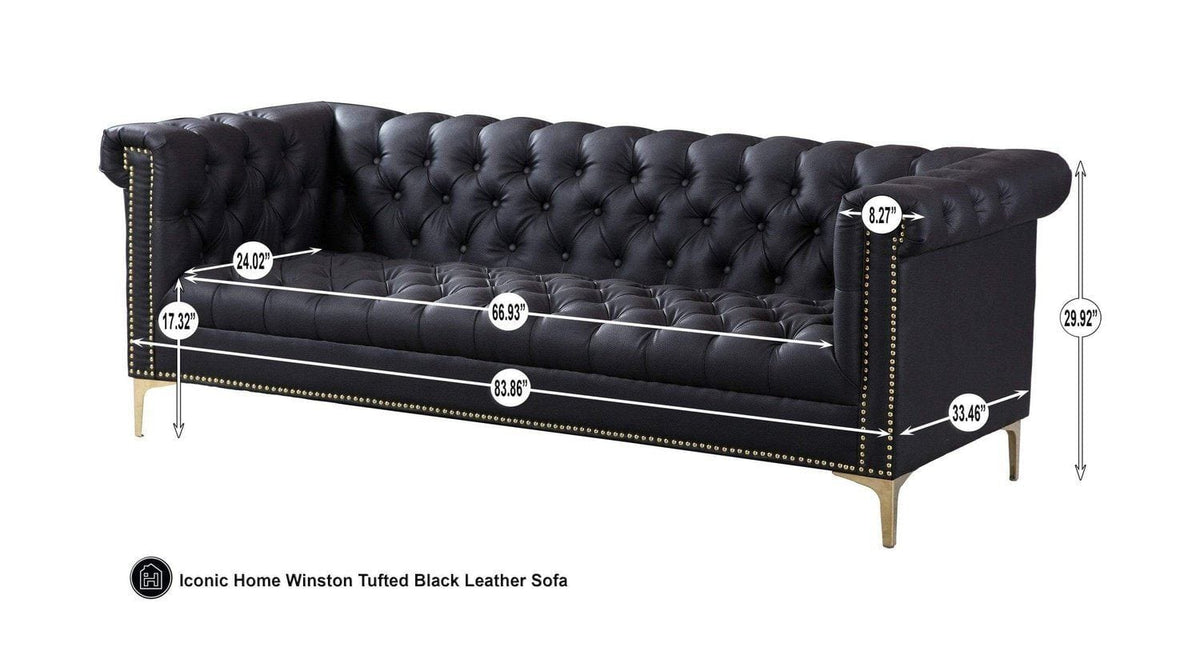 Iconic Home Winston Faux Leather Button Tufted Nailhead Trim Metal Legs Sofa 