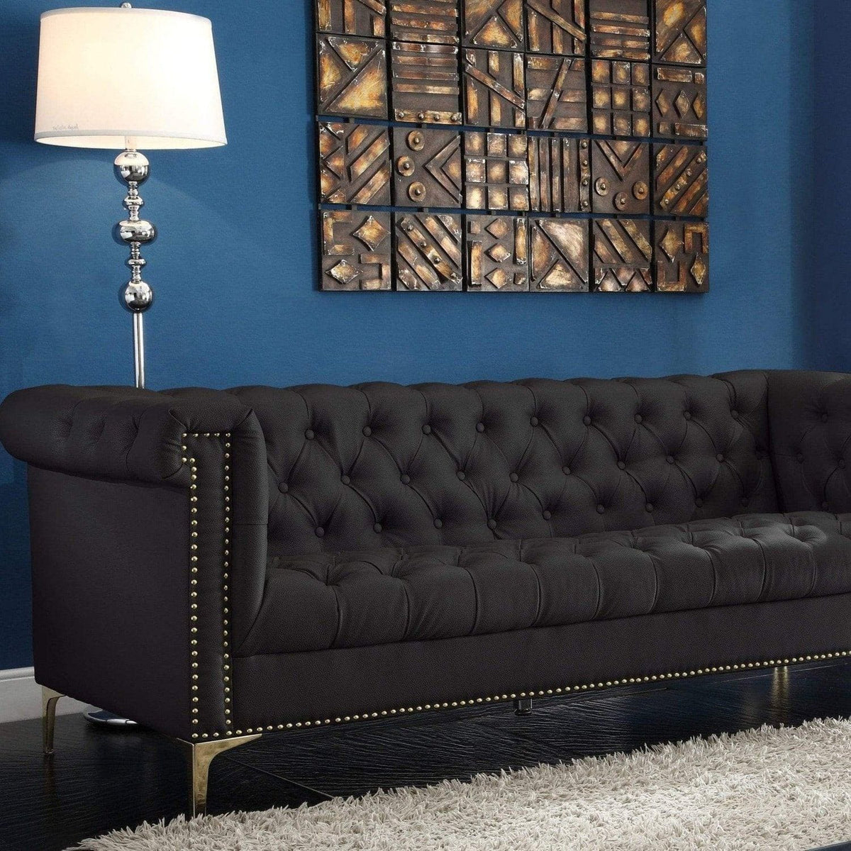 Iconic Home Winston Faux Leather Button Tufted Nailhead Trim Metal Legs Sofa Black