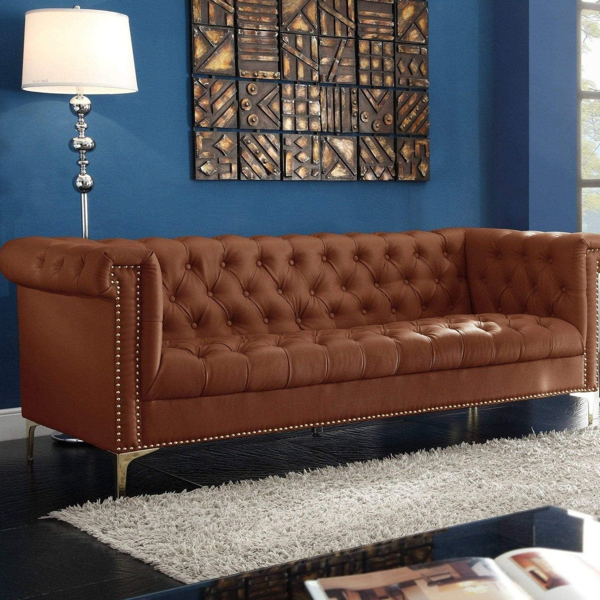 Iconic Home Winston Faux Leather Button Tufted Nailhead Trim Metal Legs Sofa Brown
