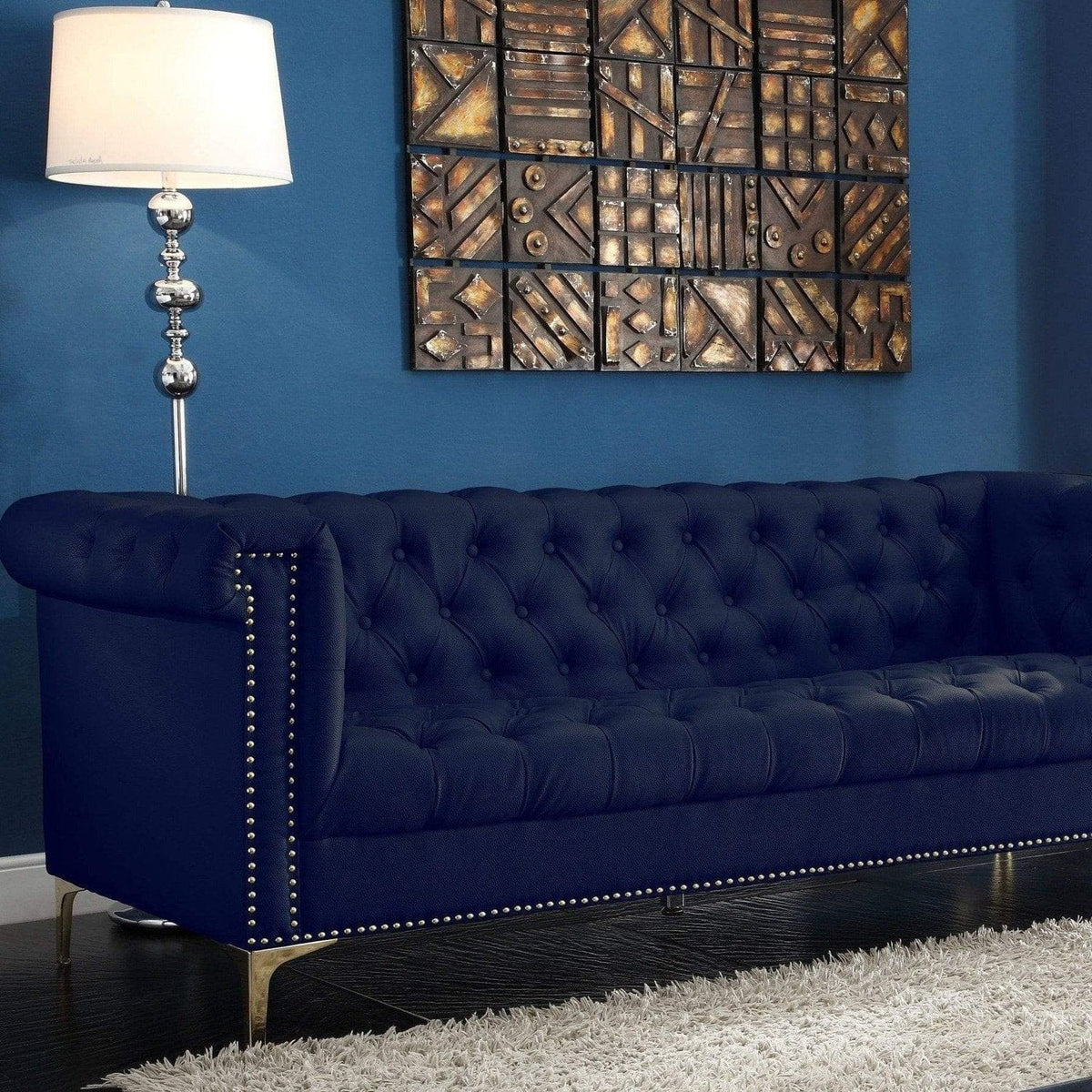 Iconic Home Winston Faux Leather Button Tufted Nailhead Trim Metal Legs Sofa Navy