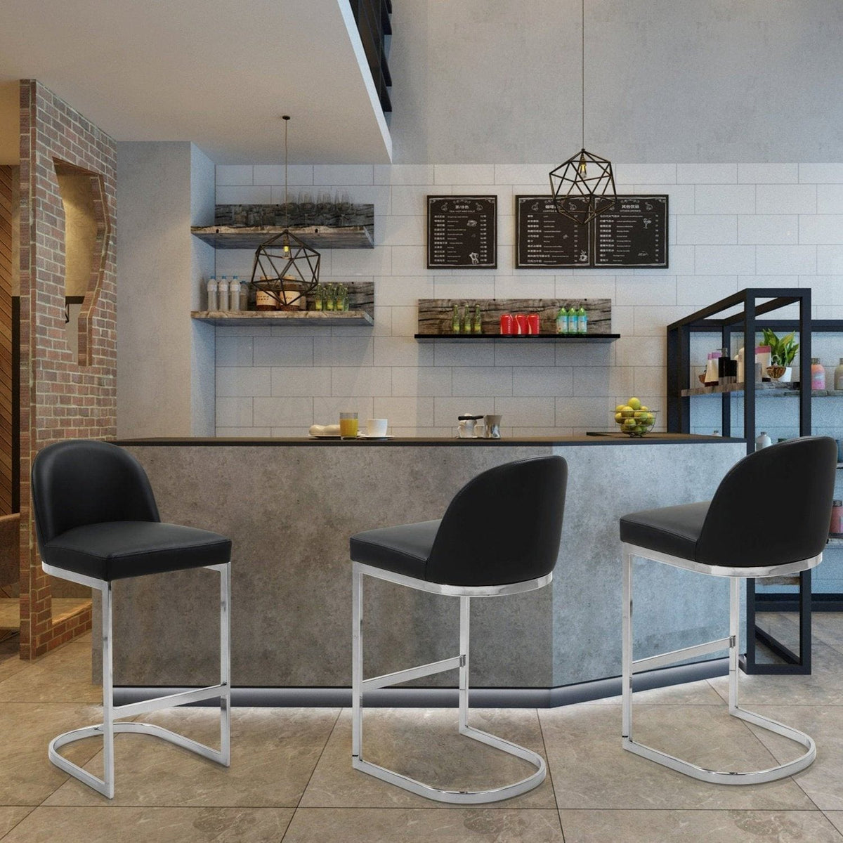 Iconic Home Xander Faux Leather Bar Stool Chair Chrome Base 