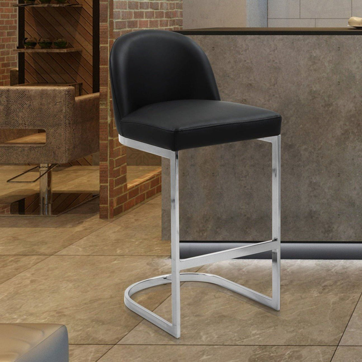 Iconic Home Xander Faux Leather Bar Stool Chair Chrome Base Black