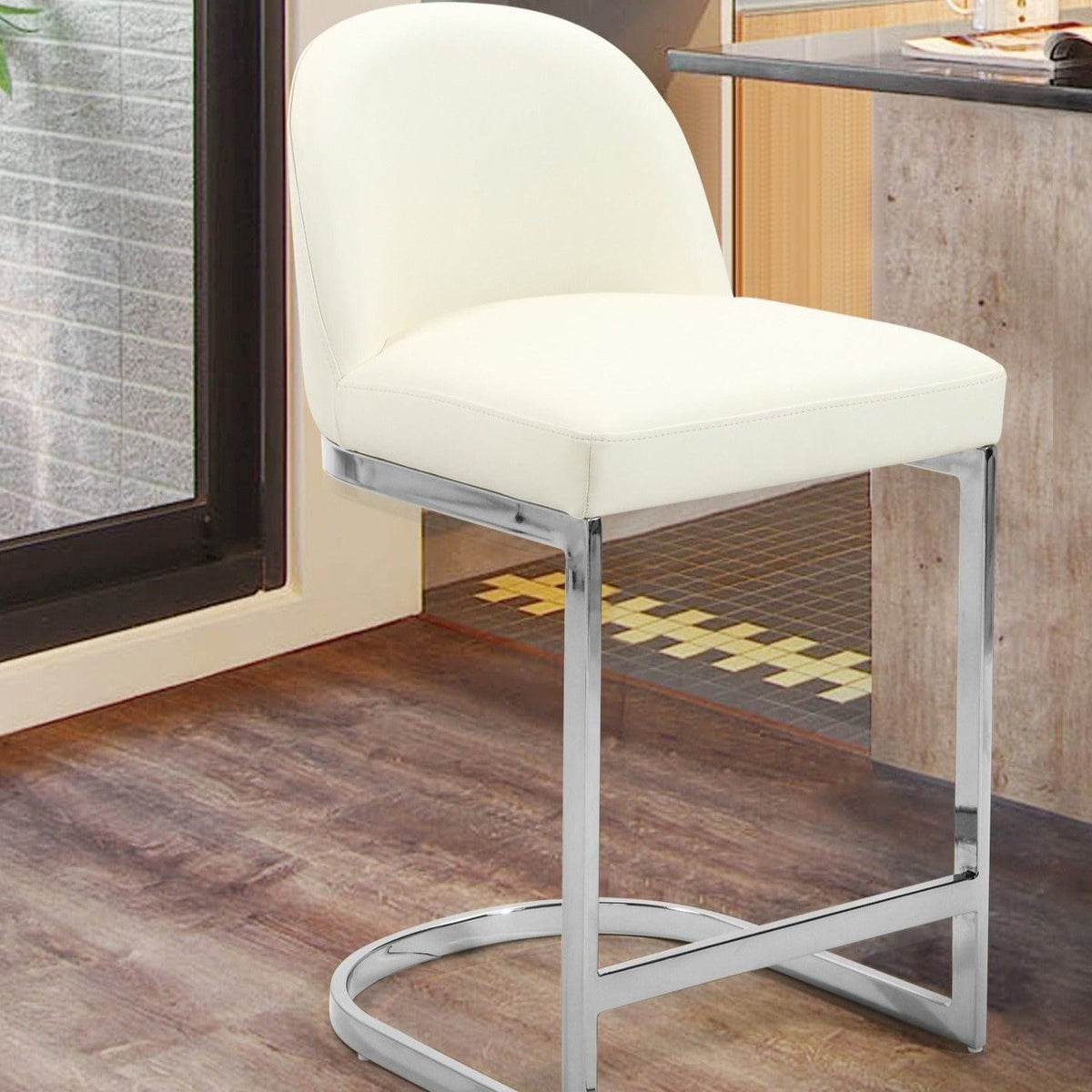 Iconic Home Xander Faux Leather Counter Stool Chair Chrome Base Cream